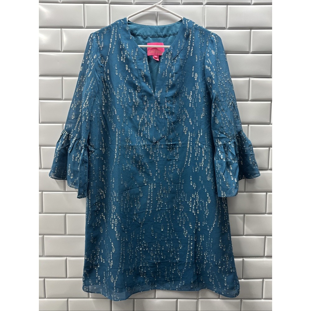 Lilly Pulitzer Womens SM Elenora Silk Blend Dress Tunic Inky Tidal Fish Chiffon